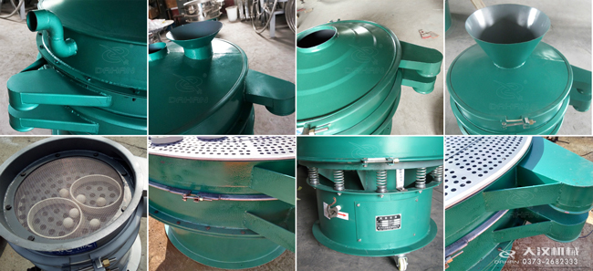 碳鋼振動篩進(jìn)料口，出料口，篩框，篩網(wǎng)，彈跳球等細(xì)節(jié)展示