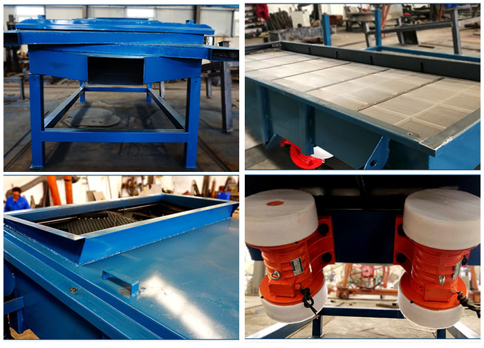 方形振動篩出料口，篩網(wǎng)和網(wǎng)架，進(jìn)料口，振動電機(jī)等細(xì)節(jié)展示。