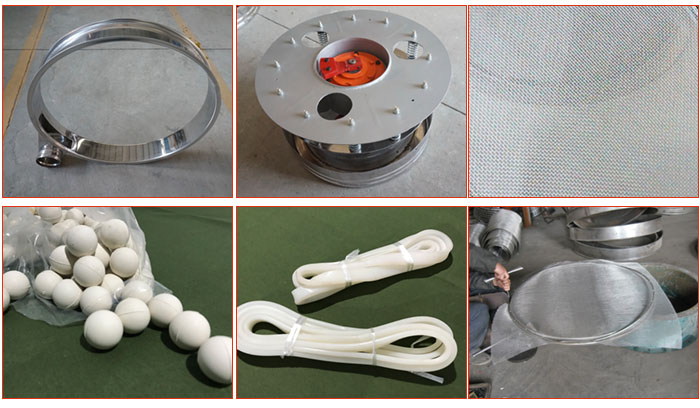 800型全不銹鋼振動(dòng)篩配件有：振動(dòng)篩篩框，電機(jī)，不銹鋼篩網(wǎng)等。