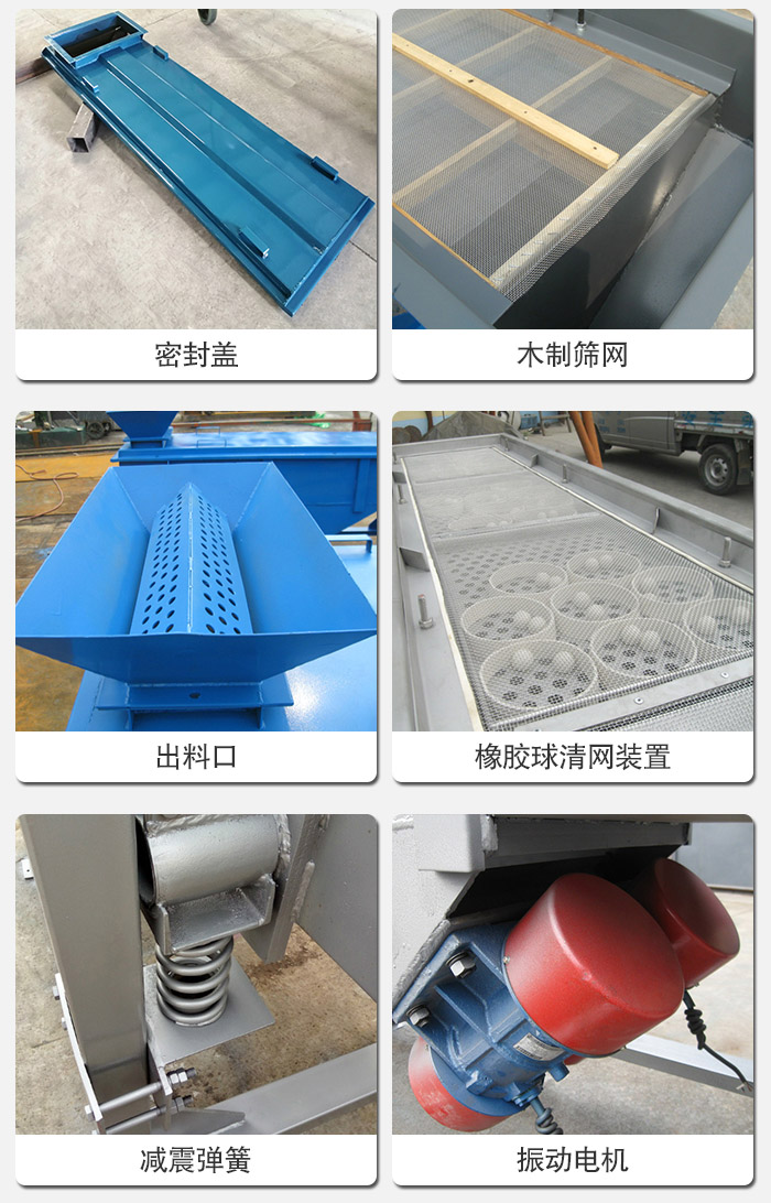 直線篩分機的結(jié)構(gòu)展示圖：篩箱是物料主要篩分設(shè)備之一，篩網(wǎng)用于篩分物料，振動電機幫助篩網(wǎng)篩分。