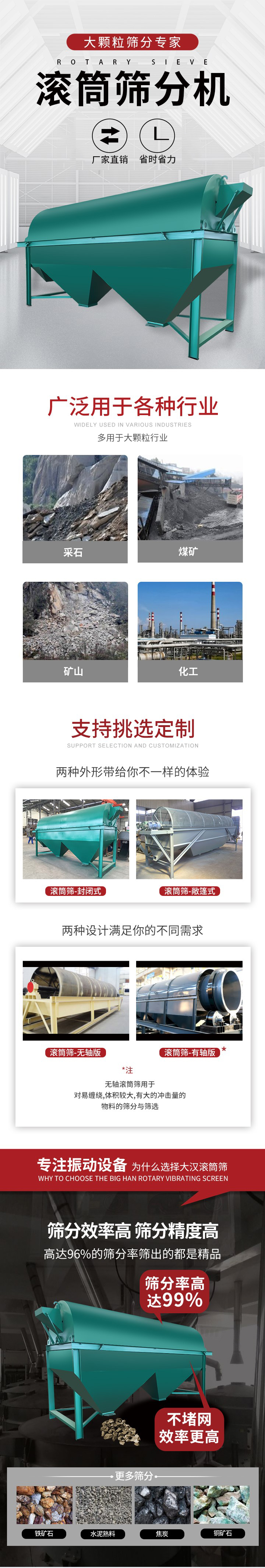 滾筒篩分機(jī)大顆粒篩分專家：廠家直銷，省時省力。滾筒篩被廣泛應(yīng)用各種行業(yè)：多用于大顆粒行業(yè)例如：采石，煤礦，礦山，化工等。滾筒篩定制類型有哪些：封閉式與敞篷式產(chǎn)品結(jié)構(gòu)分為：無軸式，有軸式兩種，無軸滾筒篩用于對纏繞，體積較大，有大的沖擊量的物料的篩分與篩選。滾筒篩篩分效率高篩分精度能夠達(dá)到：96%也比較適用于鐵礦石，水泥熟料，焦炭，銅礦石。滾筒篩特點(diǎn)：不飛粉末：密封隔離罩，密封性好，工作過程不會出現(xiàn)飛粉現(xiàn)象。外型尺寸是按筒體長計(jì)