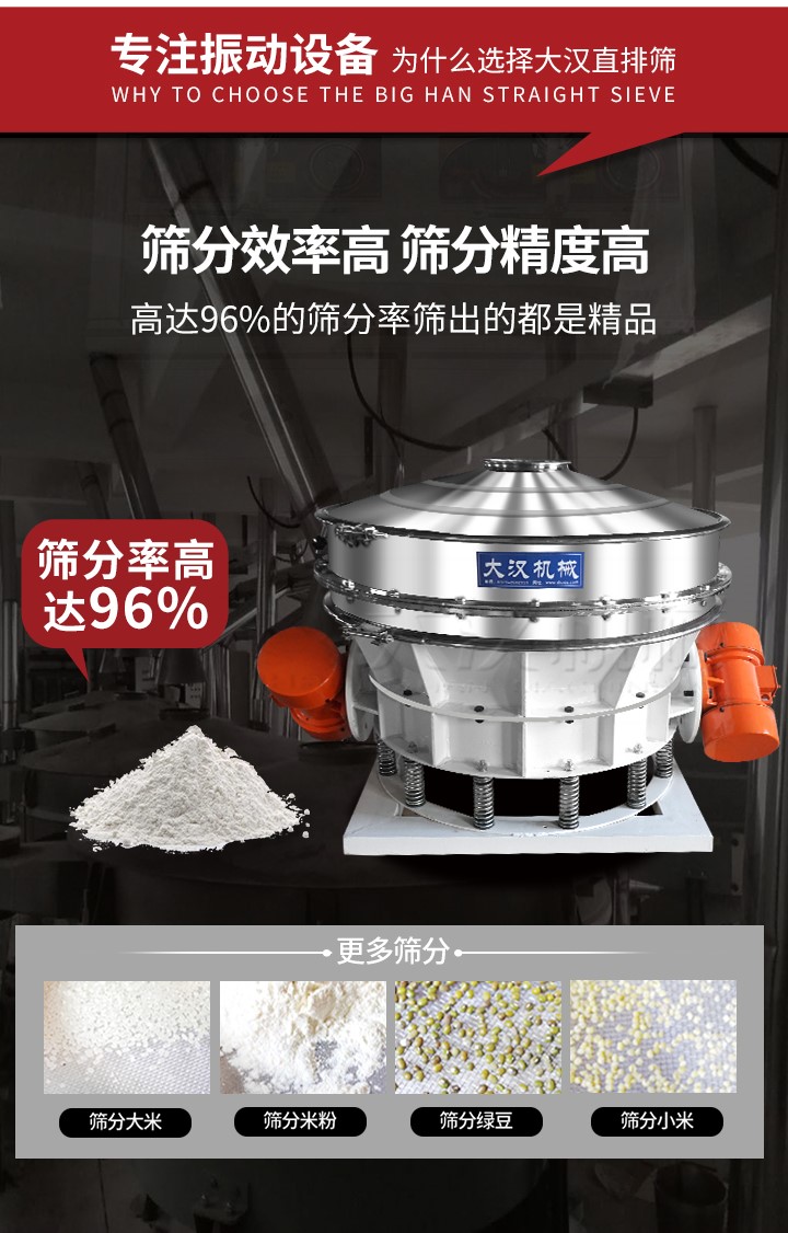 直排篩適用物料有面粉，淀粉，洗衣粉，金屬粉，添加劑，化工，非礦等行業(yè)。